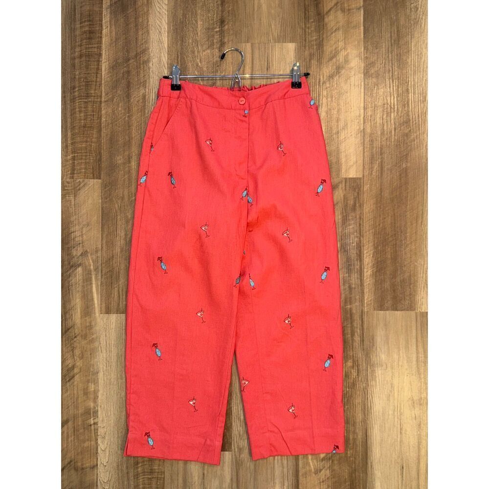 Sun Moda Resort Wear Capri Pants Red Coral Orange Embroidered Cocktails Sz Small